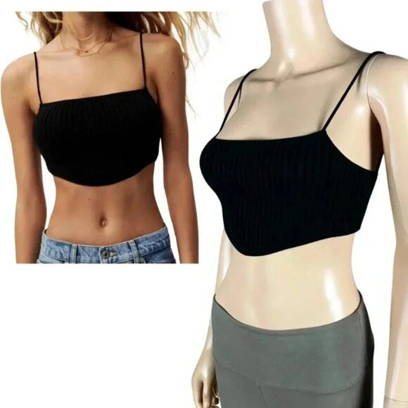 ZARA Rib Knit Spaghetti Strap Crop Top Black Size Medium - Picture 1 of 12